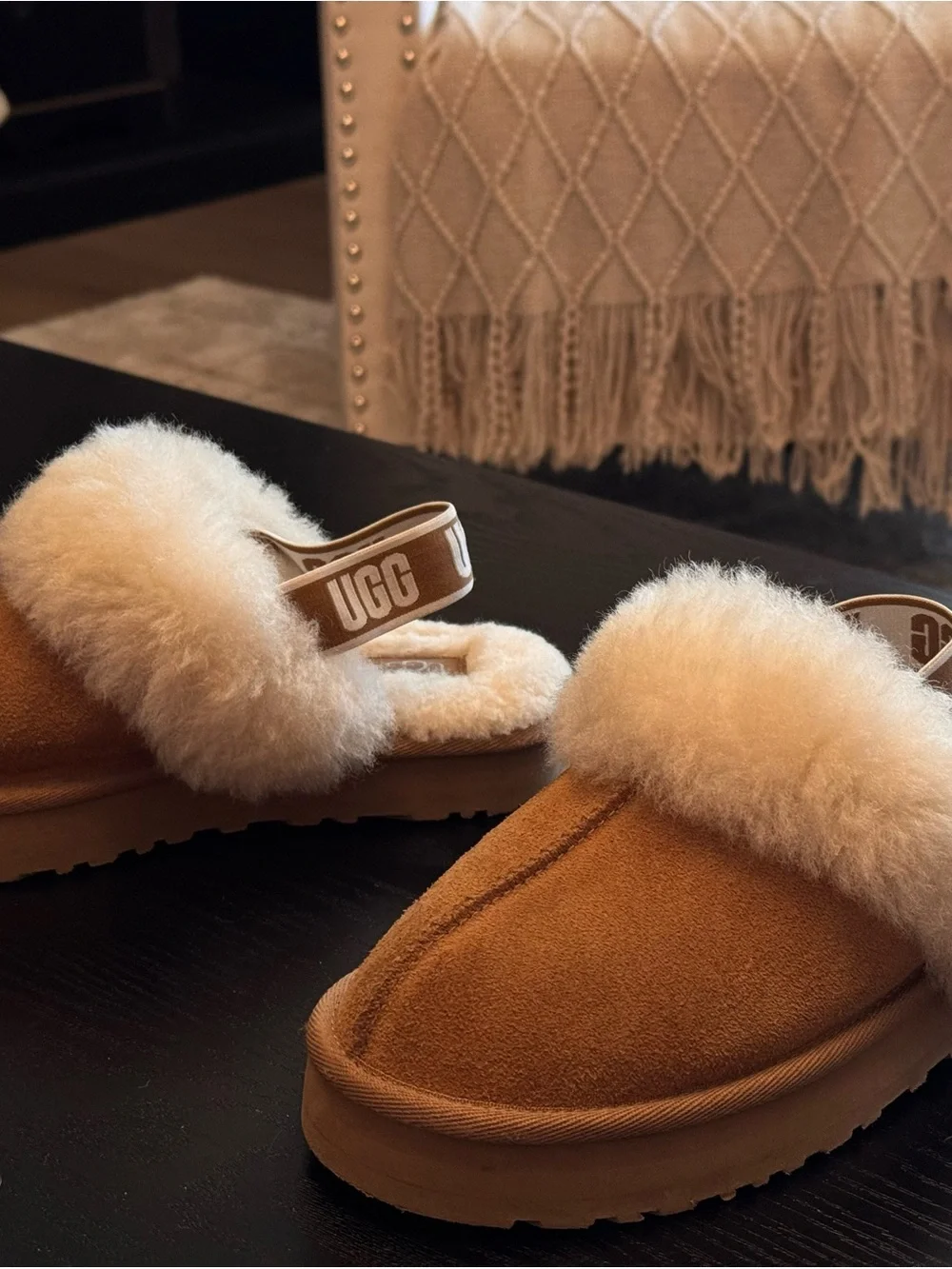 UGG Kids Funkette Chestnut Suede Shearling Slide with Logo Heel Strap